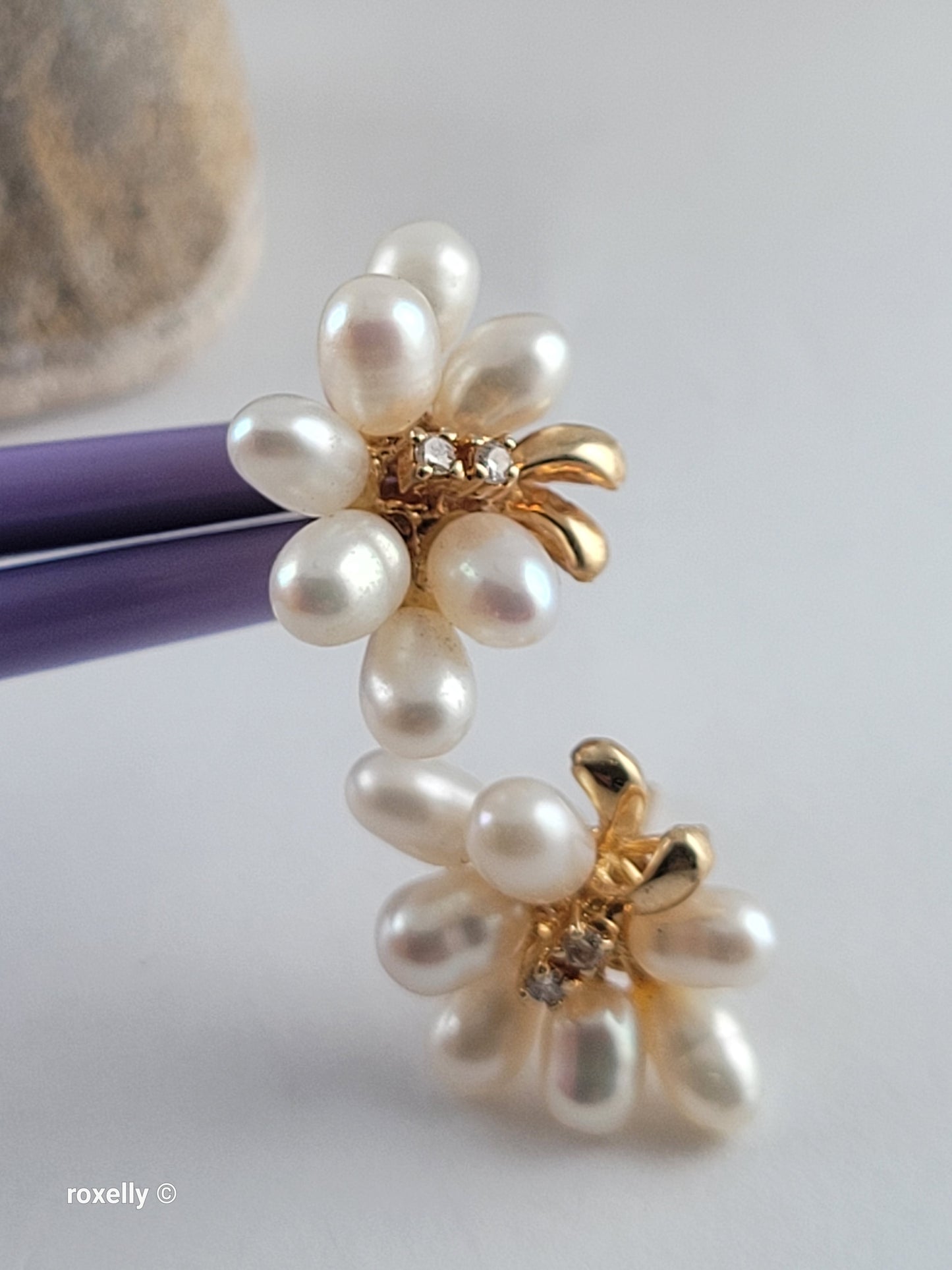 14K Yellow Gold Freshwater Pearl & Natural Diamond Floral Earrings – Like New