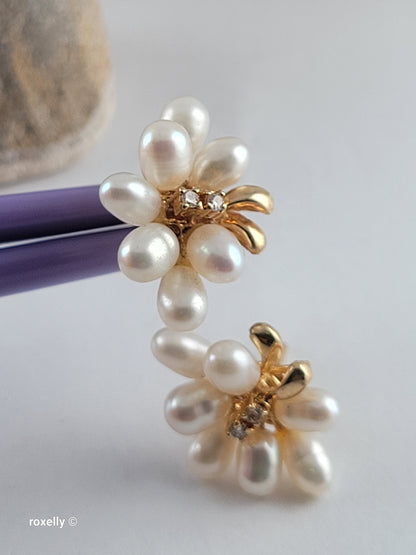 14K Yellow Gold Freshwater Pearl & Natural Diamond Floral Earrings – Like New