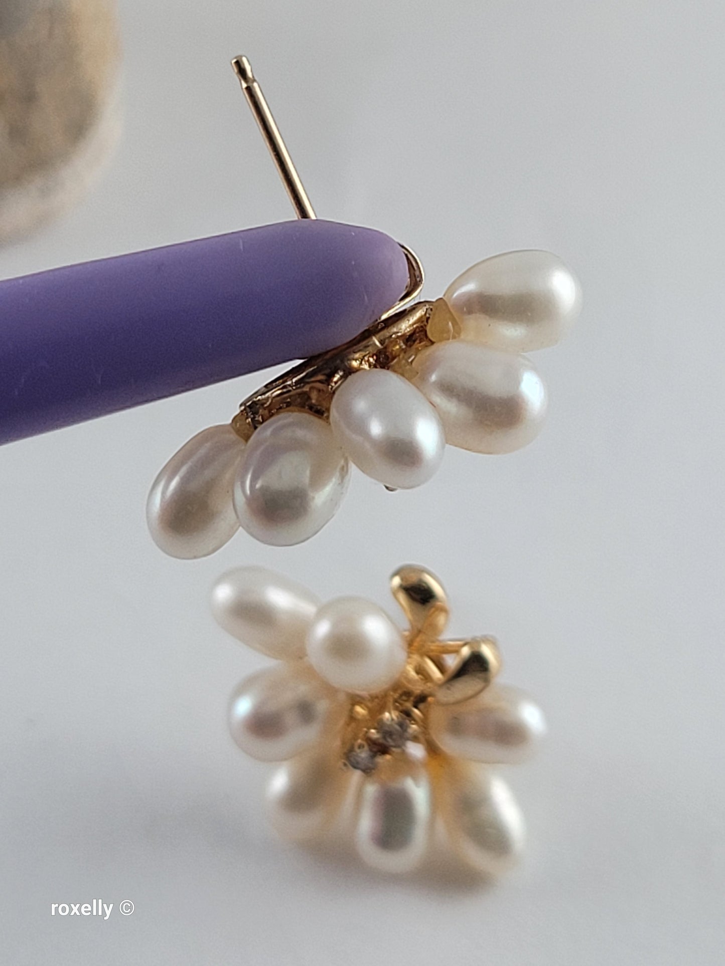 14K Yellow Gold Freshwater Pearl & Natural Diamond Floral Earrings – Like New