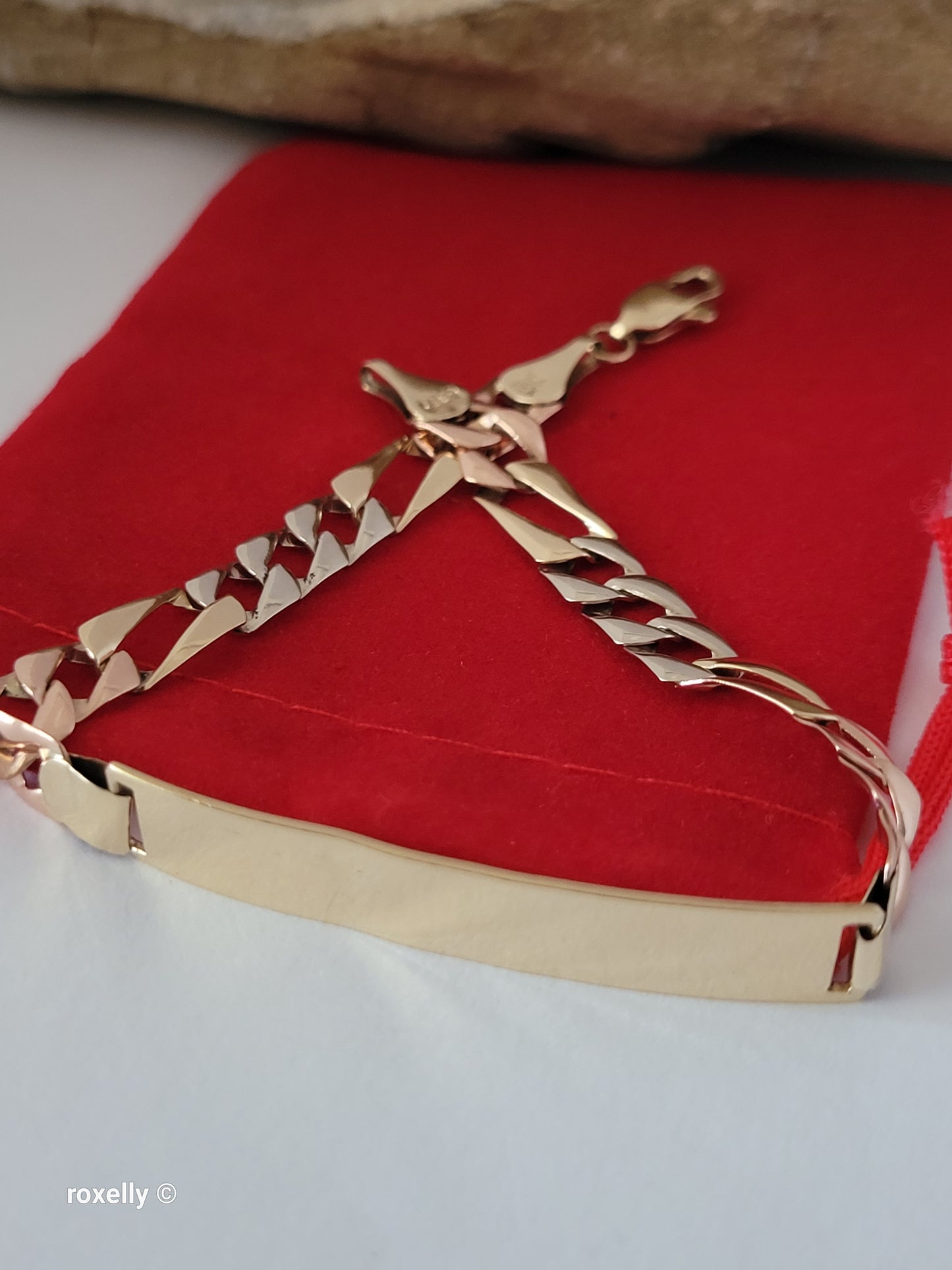 Vintage 10K Solid Gold Multi-Tone Figaro Link Bracelet, Made In Mexico
