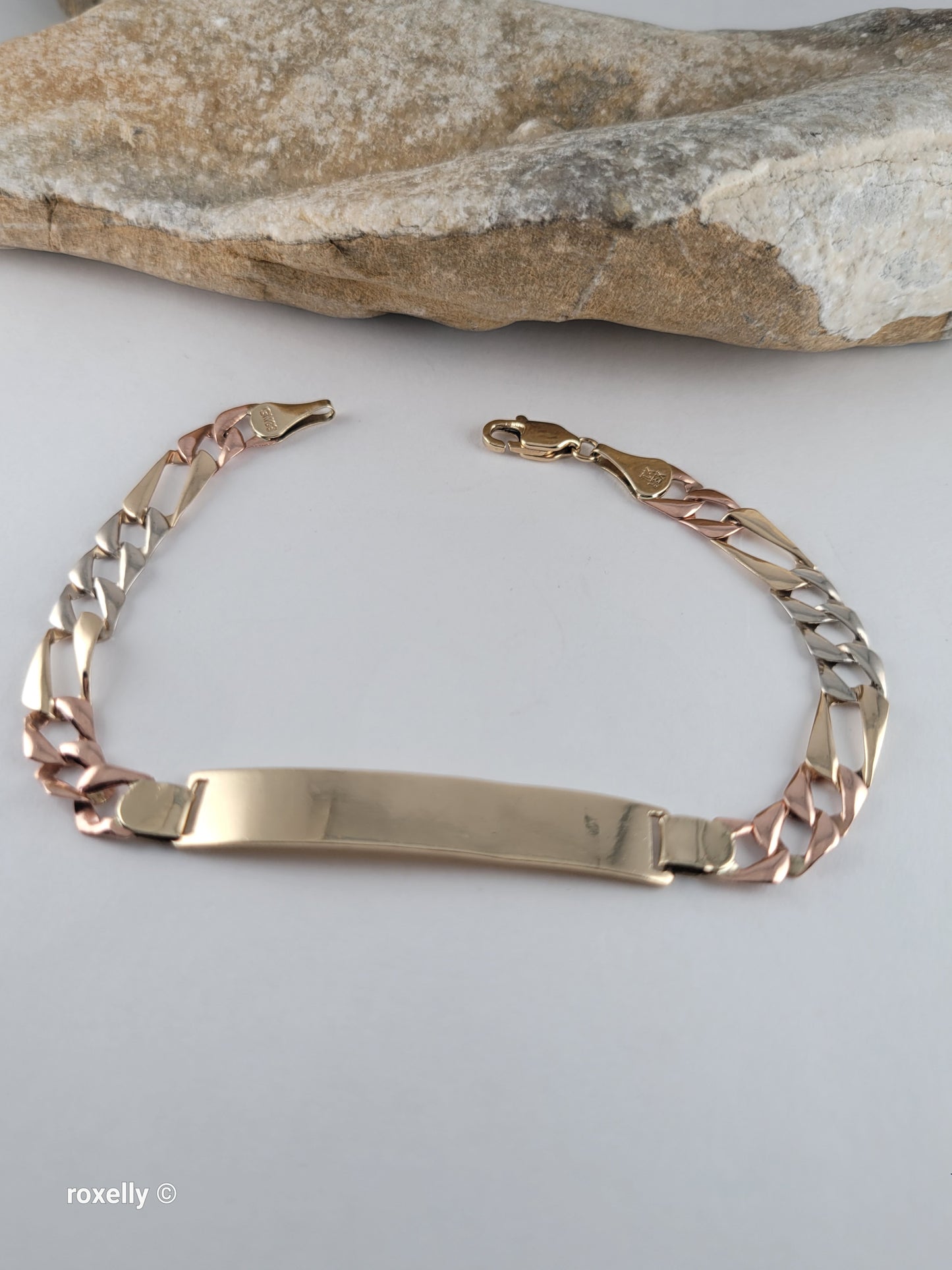 Vintage 10K Solid Gold Multi-Tone Figaro Link Bracelet, Made In Mexico