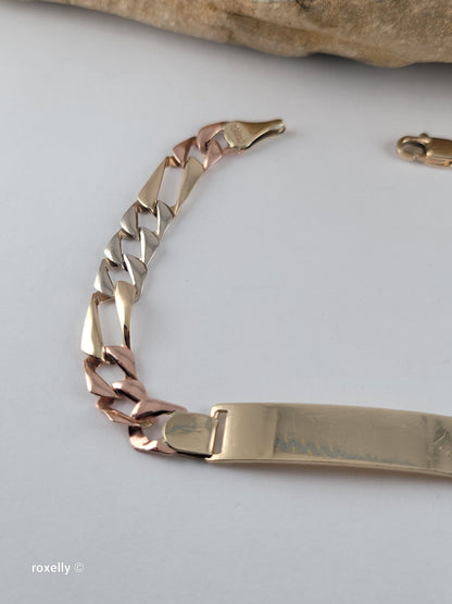 Vintage 10K Solid Gold Multi-Tone Figaro Link Bracelet, Made In Mexico