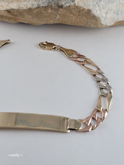 Vintage 10K Solid Gold Multi-Tone Figaro Link Bracelet, Made In Mexico
