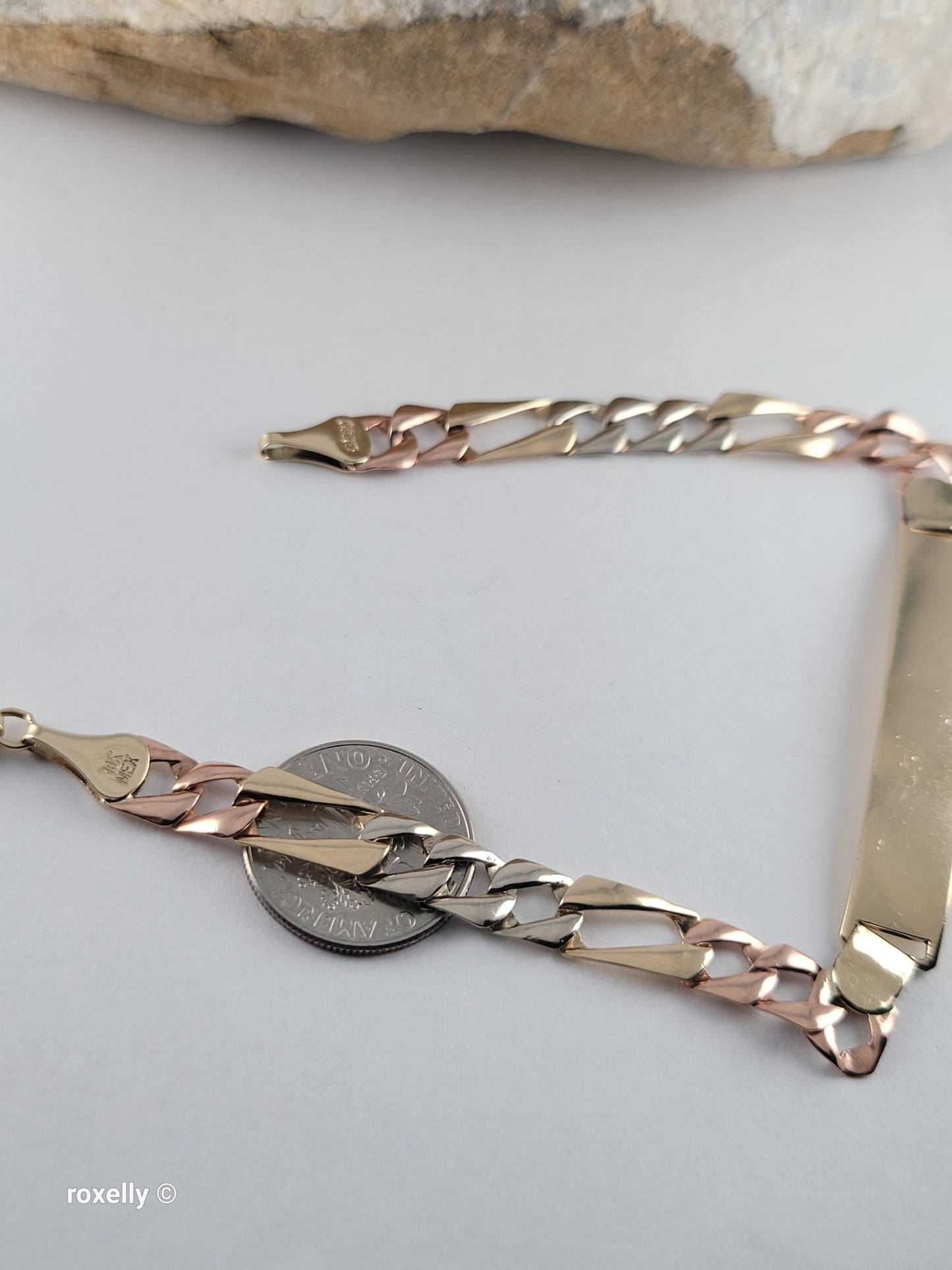 Vintage 10K Solid Gold Multi-Tone Figaro Link Bracelet, Made In Mexico