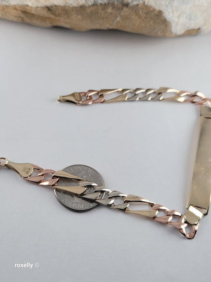 Vintage 10K Solid Gold Multi-Tone Figaro Link Bracelet, Made In Mexico