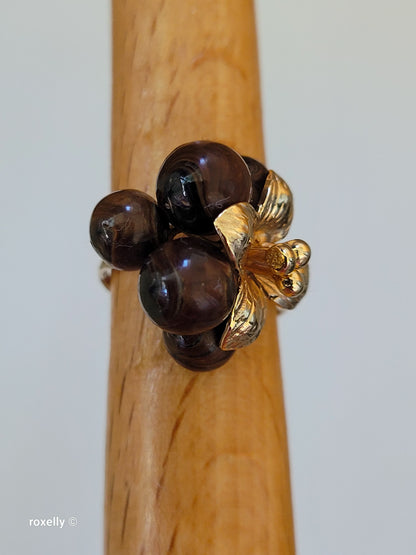 Vintage 14K Yellow Gold Tiger Eye Sphere Cluster Ring Size 6.5, Solid Gold!