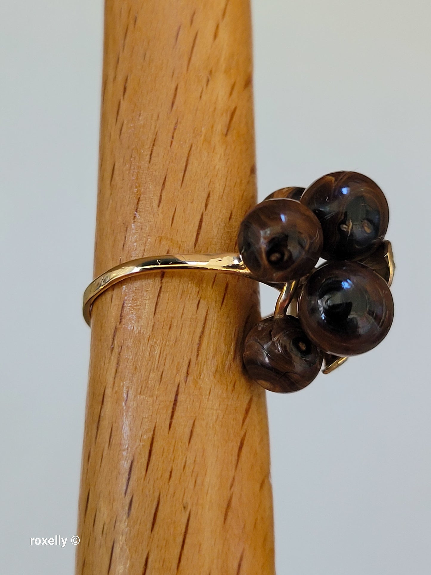 Vintage 14K Yellow Gold Tiger Eye Sphere Cluster Ring Size 6.5, Solid Gold!