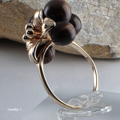 Vintage 14K Yellow Gold Tiger Eye Sphere Cluster Ring Size 6.5, Solid Gold!