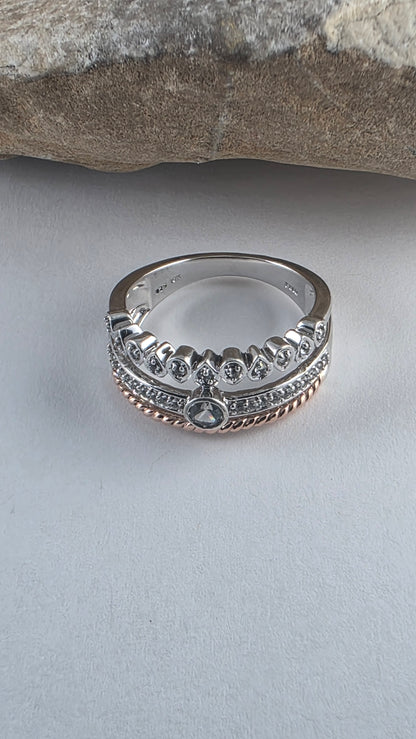 925 Sterling Silver and 10K Rose Gold White Topaz Crown Design Ring Size 6.75!