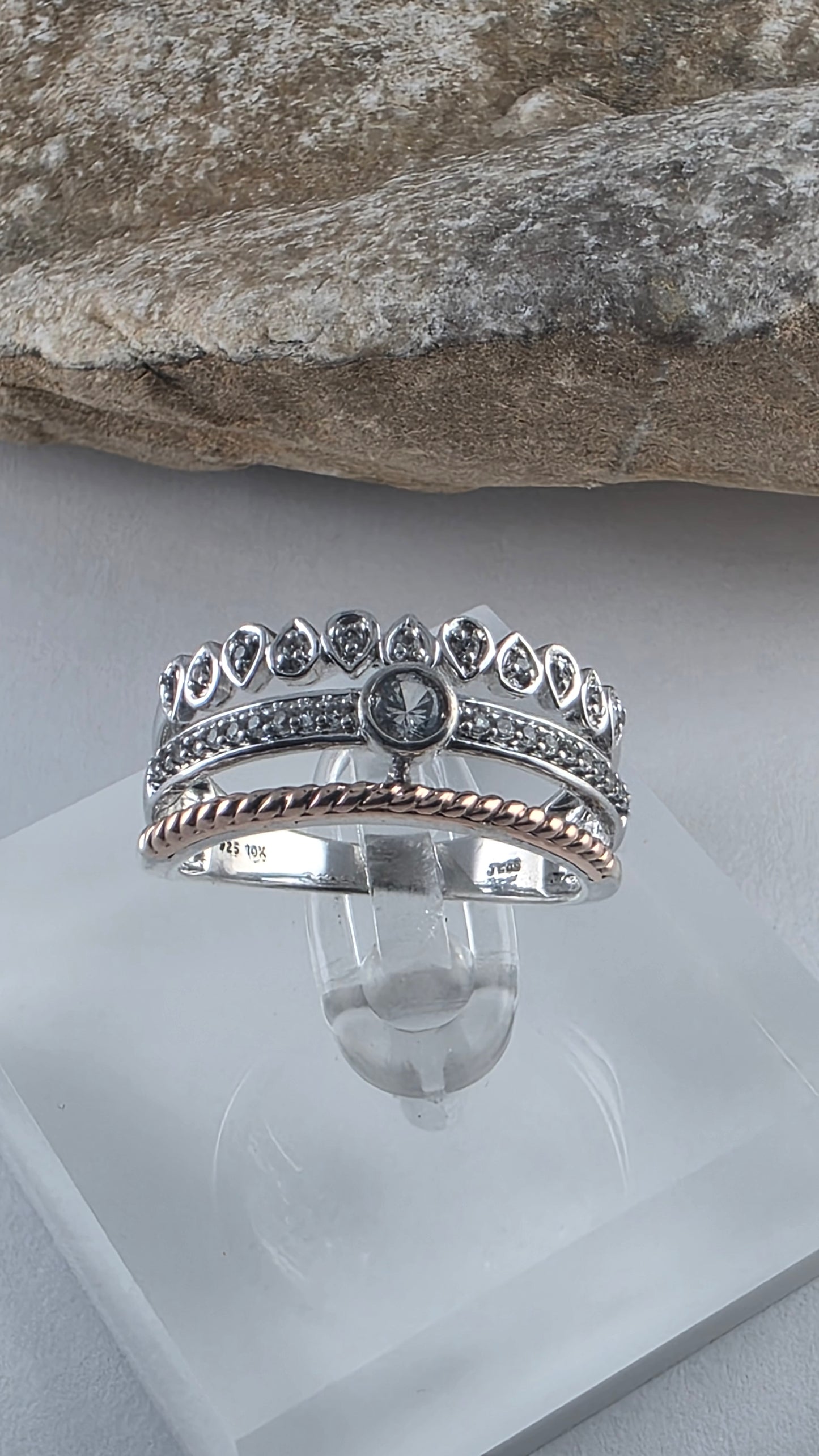 925 Sterling Silver and 10K Rose Gold White Topaz Crown Design Ring Size 6.75!