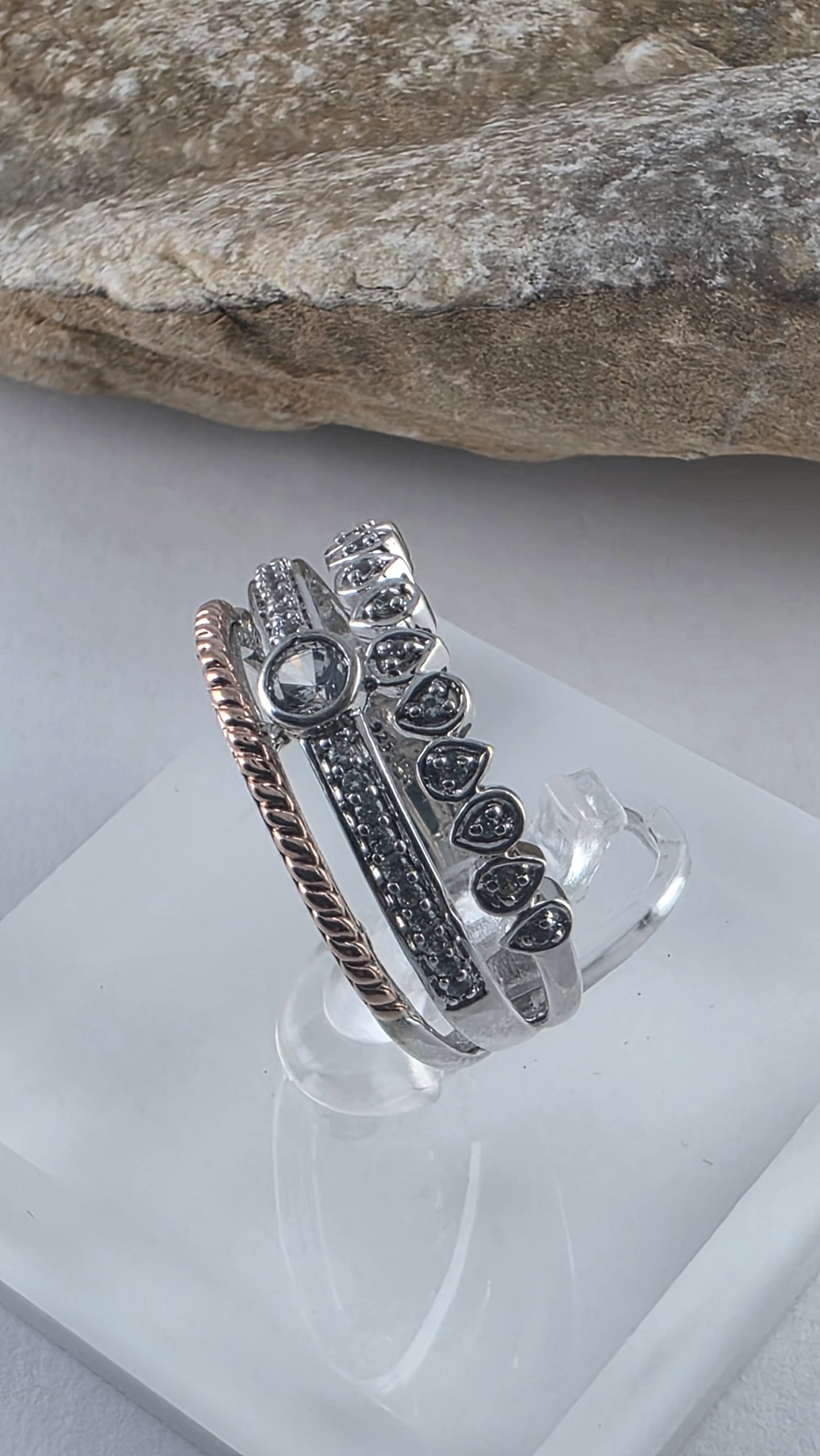 925 Sterling Silver and 10K Rose Gold White Topaz Crown Design Ring Size 6.75!