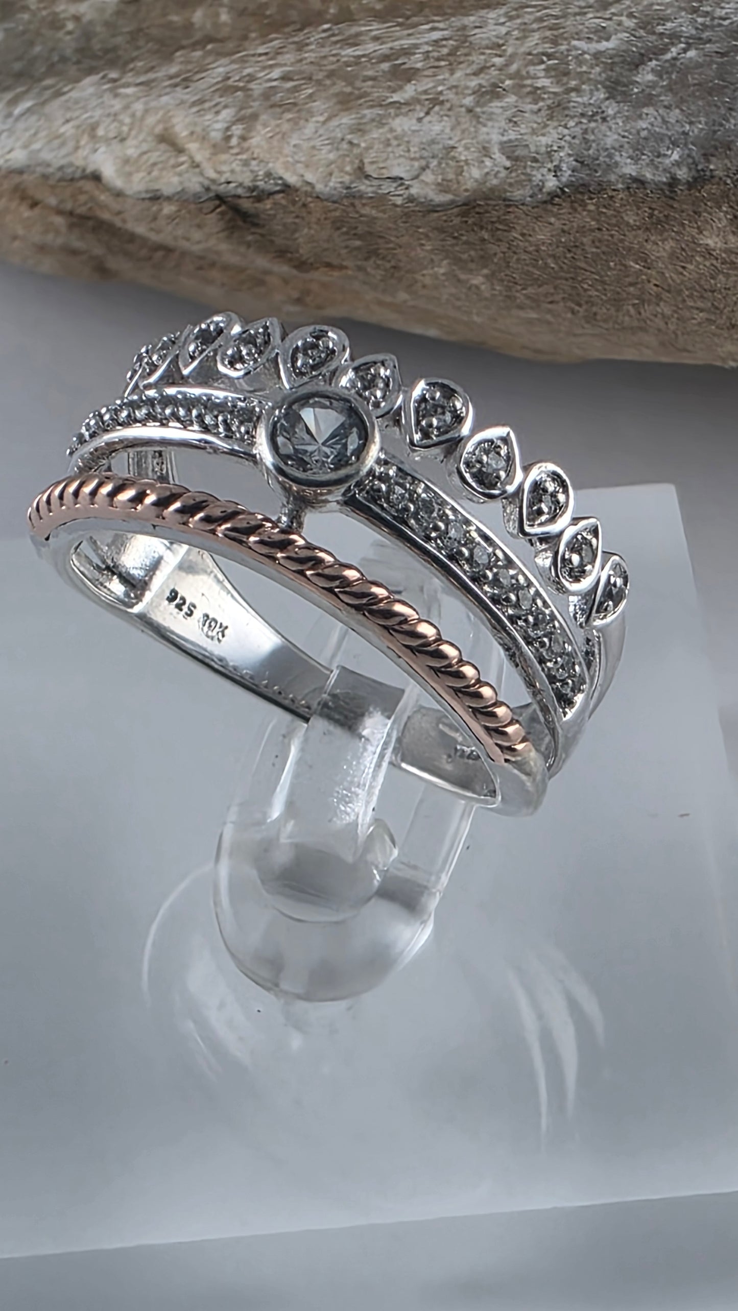 925 Sterling Silver and 10K Rose Gold White Topaz Crown Design Ring Size 6.75!