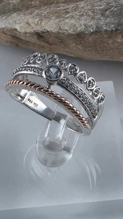 925 Sterling Silver and 10K Rose Gold White Topaz Crown Design Ring Size 6.75!