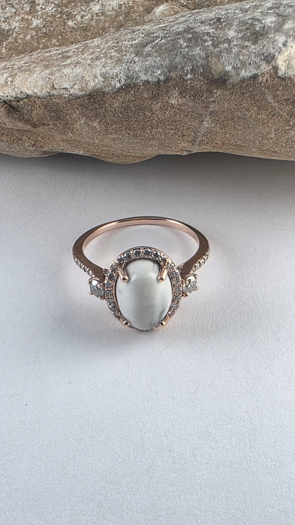 14K Rose Gold White Buffalo Turquoise and Diamond Halo Ring Size 6.25, Solid Gold!