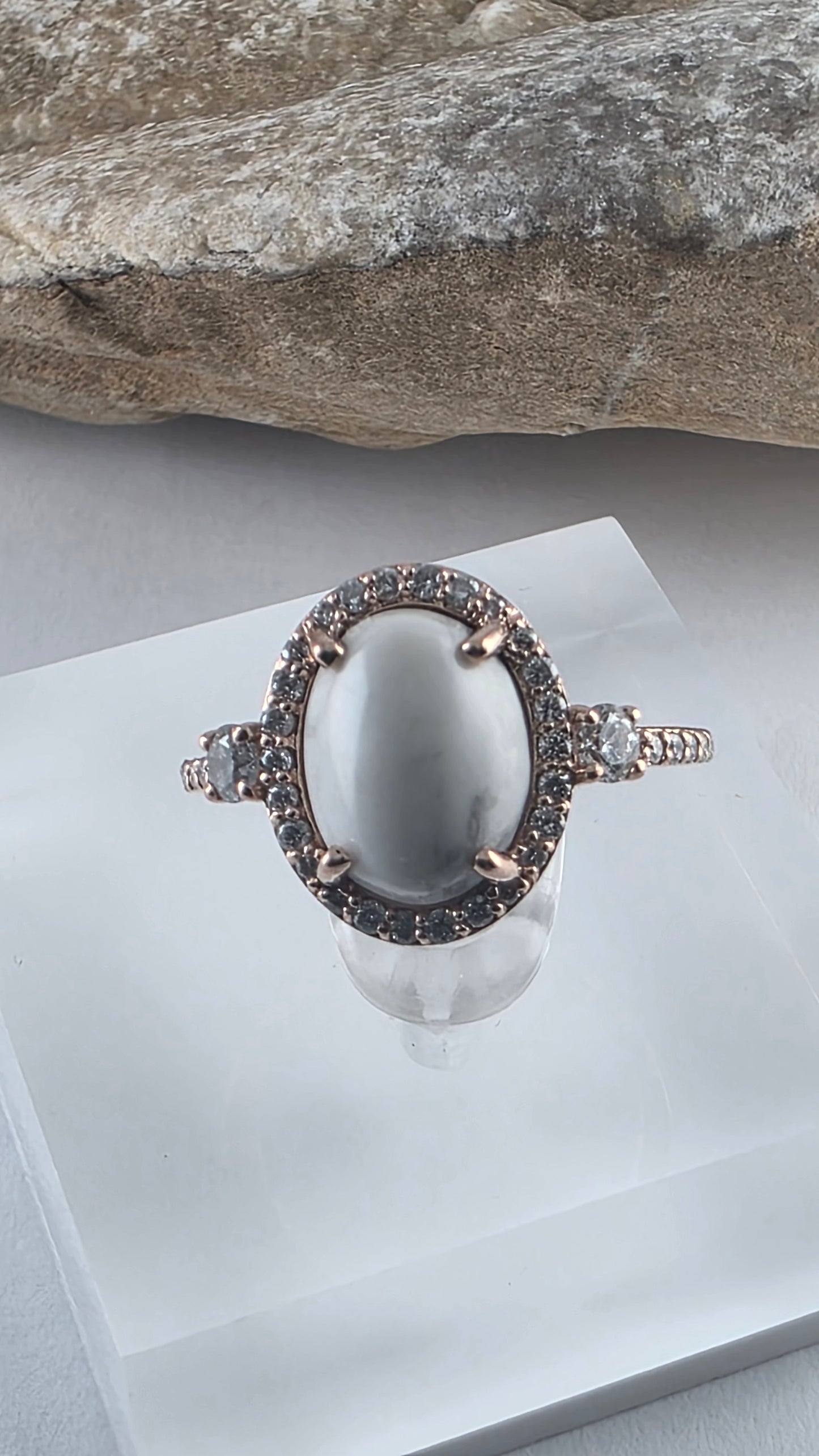 14K Rose Gold White Buffalo Turquoise and Diamond Halo Ring Size 6.25, Solid Gold!