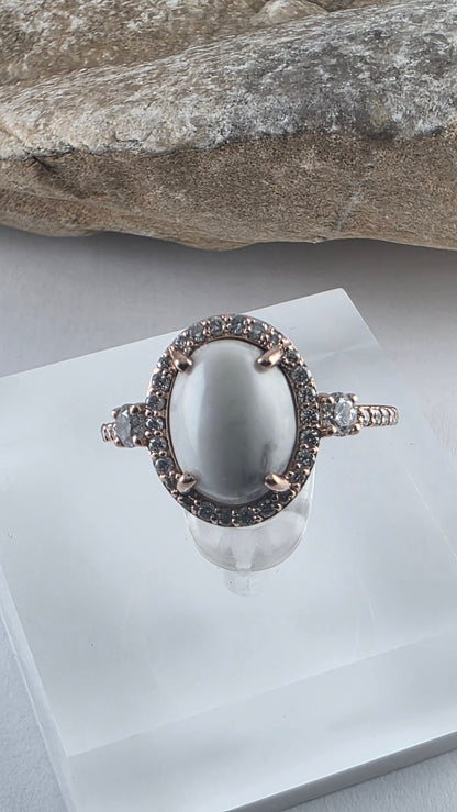14K Rose Gold White Buffalo Turquoise and Diamond Halo Ring Size 6.25, Solid Gold!