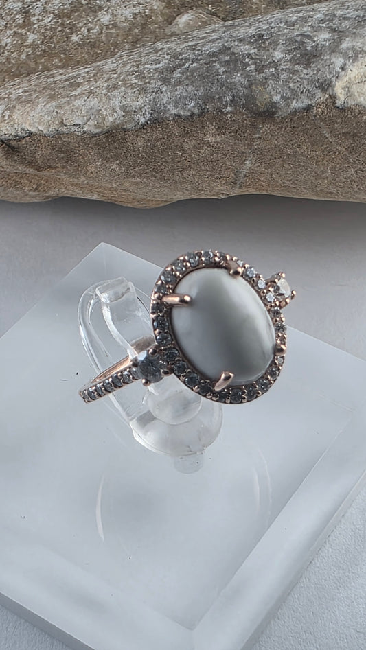14K Rose Gold White Buffalo Turquoise and Diamond Halo Ring Size 6.25, Solid Gold!