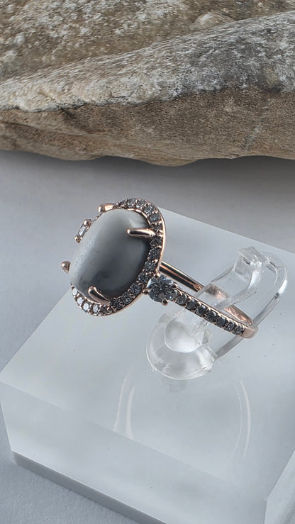 14K Rose Gold White Buffalo Turquoise and Diamond Halo Ring Size 6.25, Solid Gold!