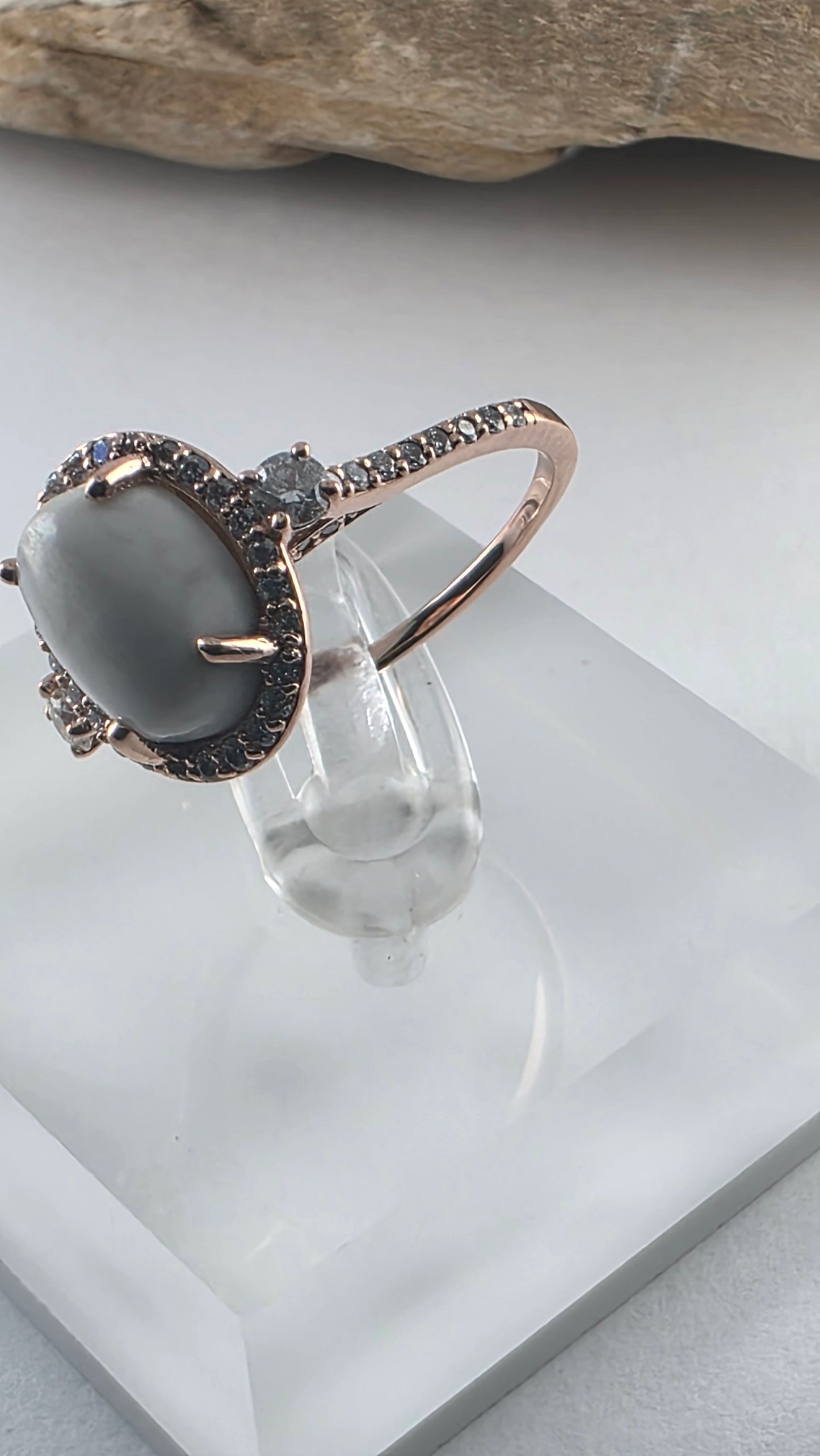 14K Rose Gold White Buffalo Turquoise and Diamond Halo Ring Size 6.25, Solid Gold!