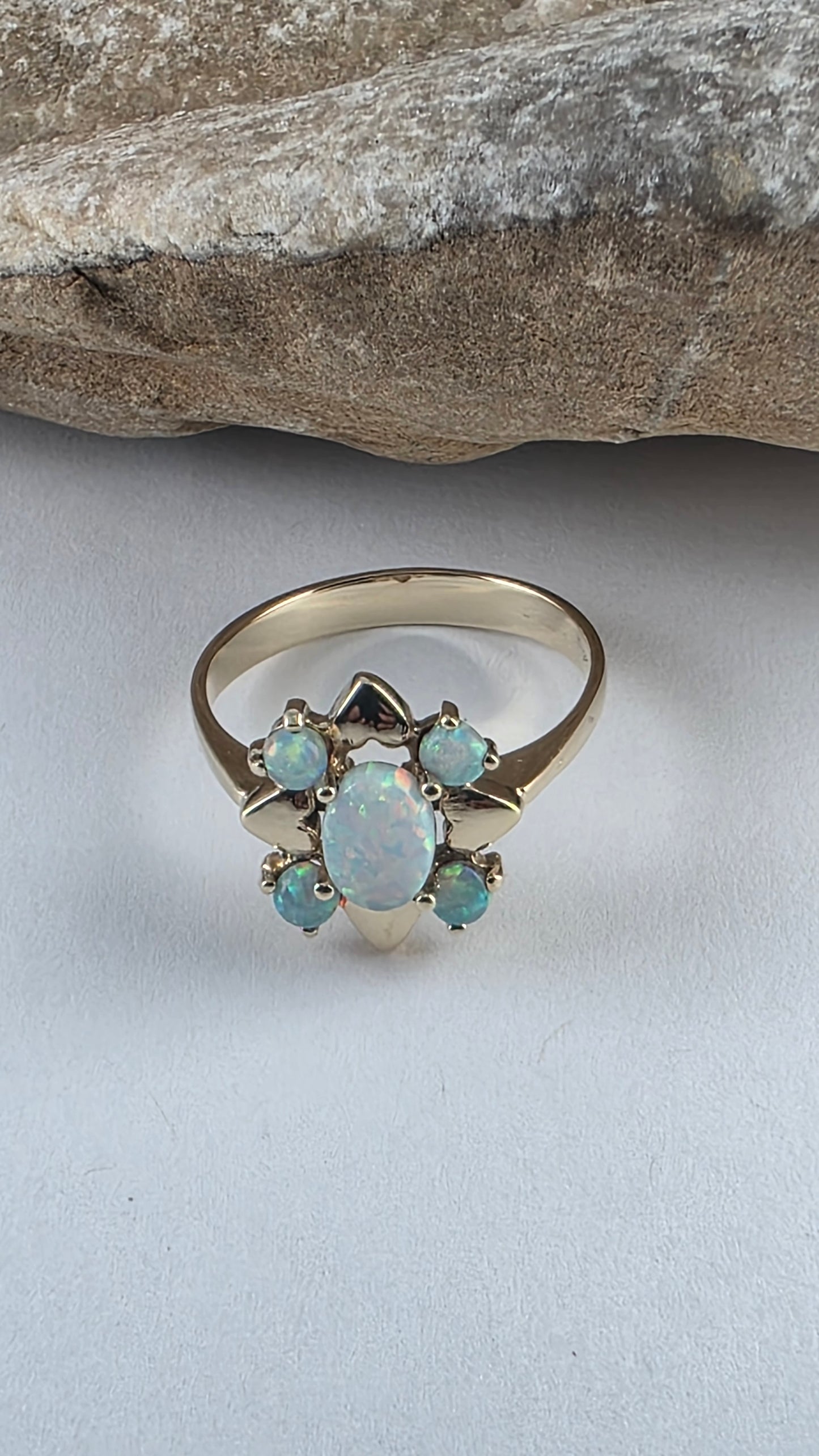14K Yellow Gold Flower-Shaped Opal Ring Size 8, Solid Gold