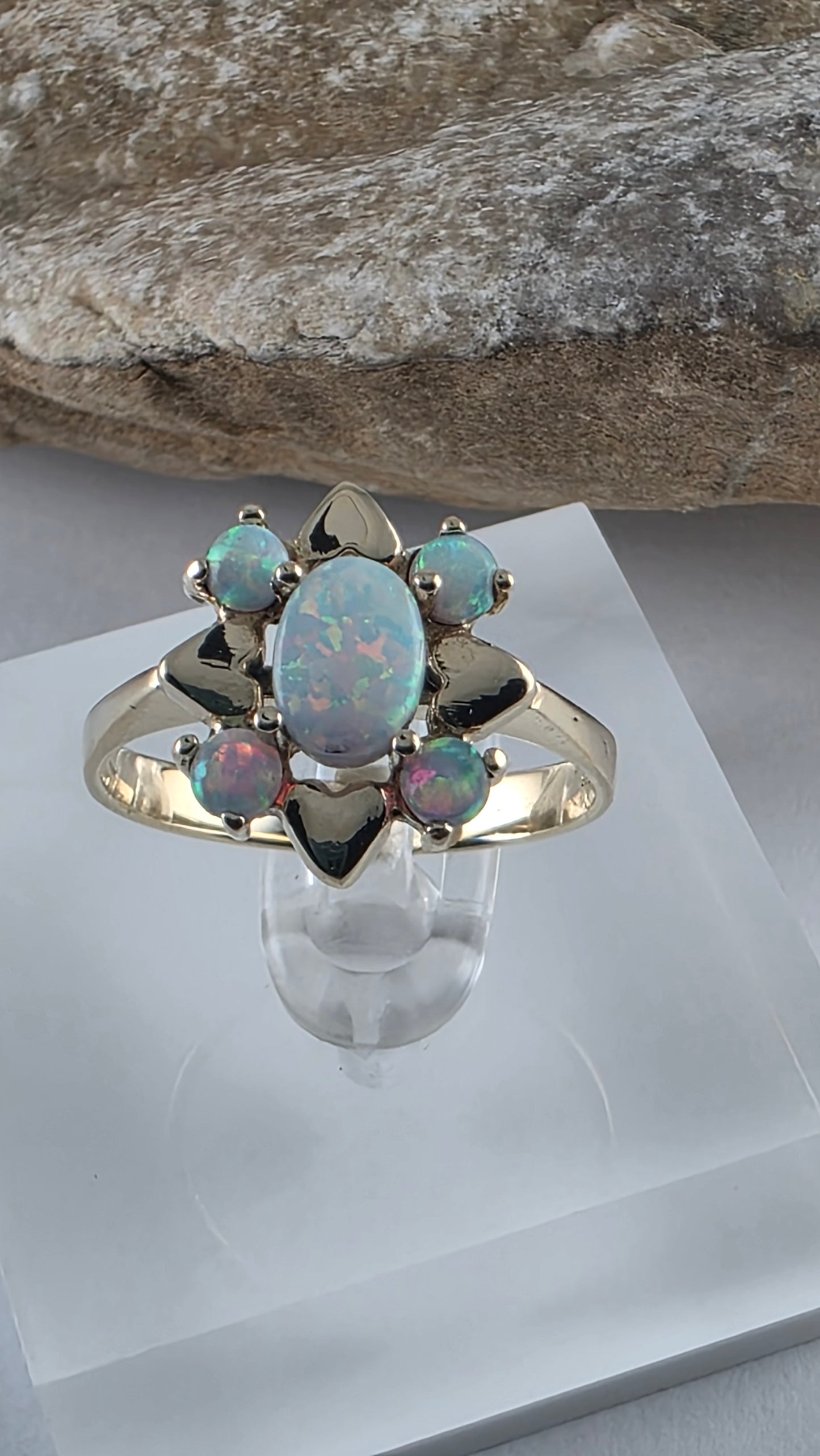 14K Yellow Gold Flower-Shaped Opal Ring Size 8, Solid Gold