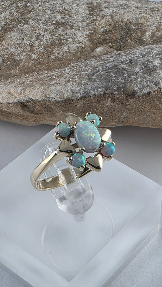 14K Yellow Gold Flower-Shaped Opal Ring Size 8, Solid Gold