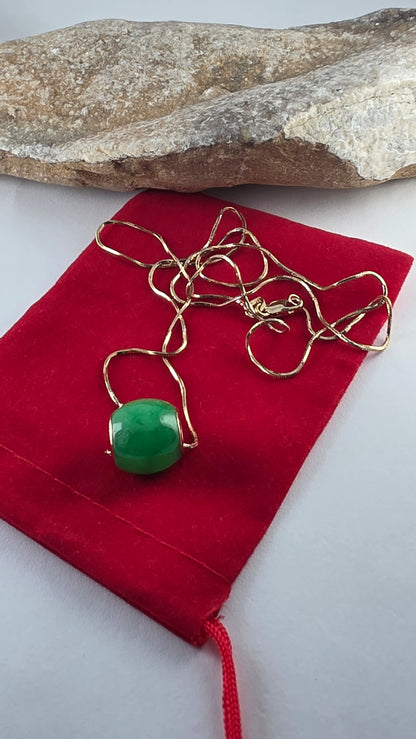 14K Yellow Gold Box Link Necklace and Jade Pendant - Solid Gold!