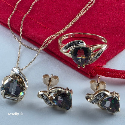 10K Yellow Gold Mystic Topaz & and Genuine Diamonds Jewelry Set – Ring, Earrings, Necklace & Pendant, Solid Gold