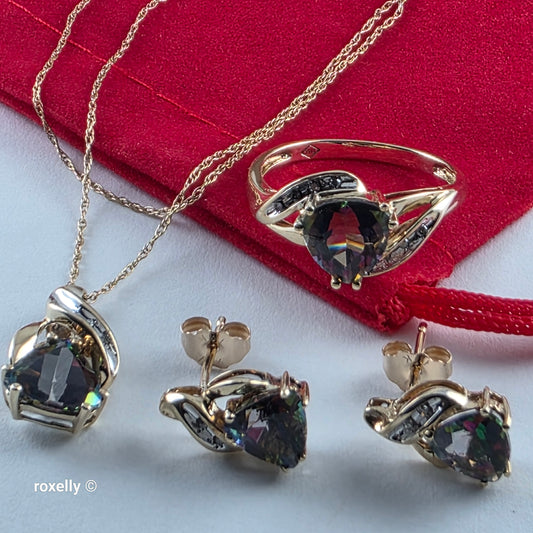 10K Yellow Gold Mystic Topaz & and Genuine Diamonds Jewelry Set – Ring, Earrings, Necklace & Pendant, Solid Gold