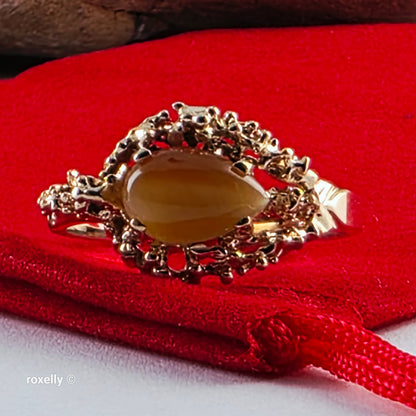 14K Yellow Gold Tiger Eye Cocktail Ring Size 8.25, Solid Gold!