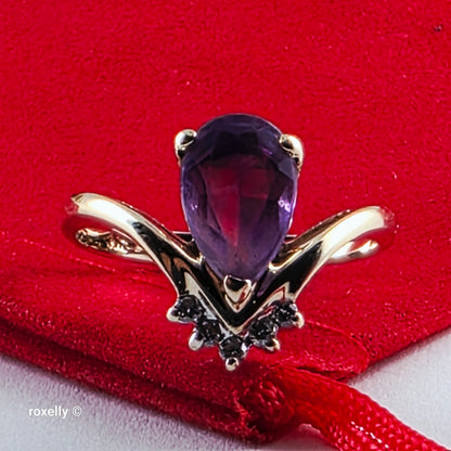 14K Yellow Gold Amethyst and Diamonds Ring Size 6.25 - Solid Gold!