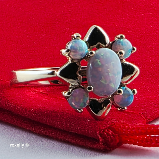 14K Yellow Gold Flower-Shaped Opal Ring Size 8, Solid Gold