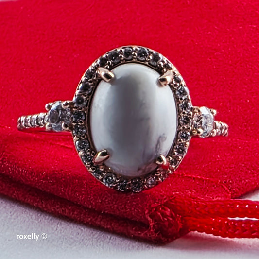 14K Rose Gold White Buffalo Turquoise and Diamond Halo Ring Size 6.25, Solid Gold!