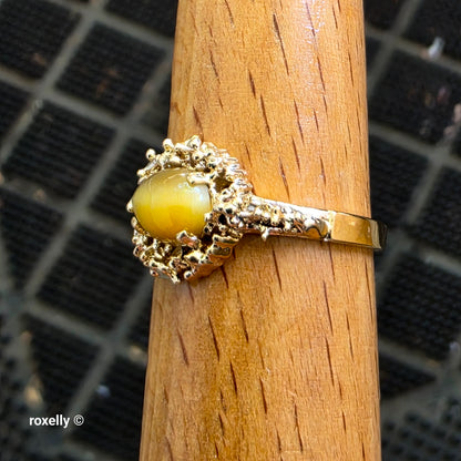 14K Yellow Gold Tiger Eye Cocktail Ring Size 8.25, Solid Gold!