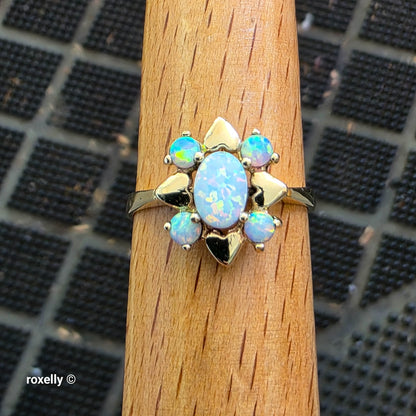 14K Yellow Gold Flower-Shaped Opal Ring Size 8, Solid Gold