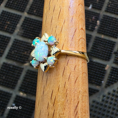 14K Yellow Gold Flower-Shaped Opal Ring Size 8, Solid Gold