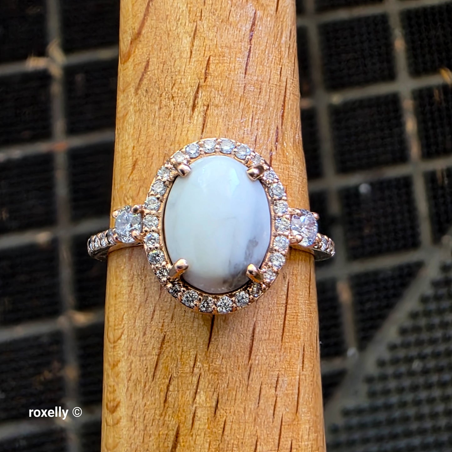 14K Rose Gold White Buffalo Turquoise and Diamond Halo Ring Size 6.25, Solid Gold!