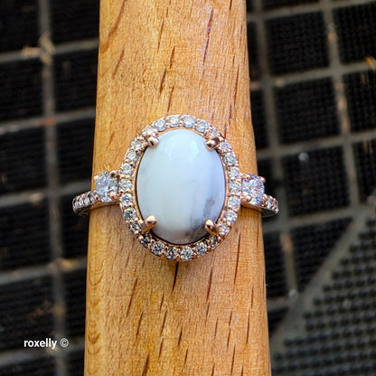 14K Rose Gold White Buffalo Turquoise and Diamond Halo Ring Size 6.25, Solid Gold!