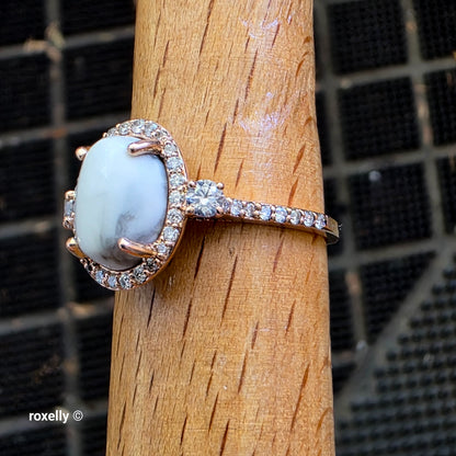 14K Rose Gold White Buffalo Turquoise and Diamond Halo Ring Size 6.25, Solid Gold!