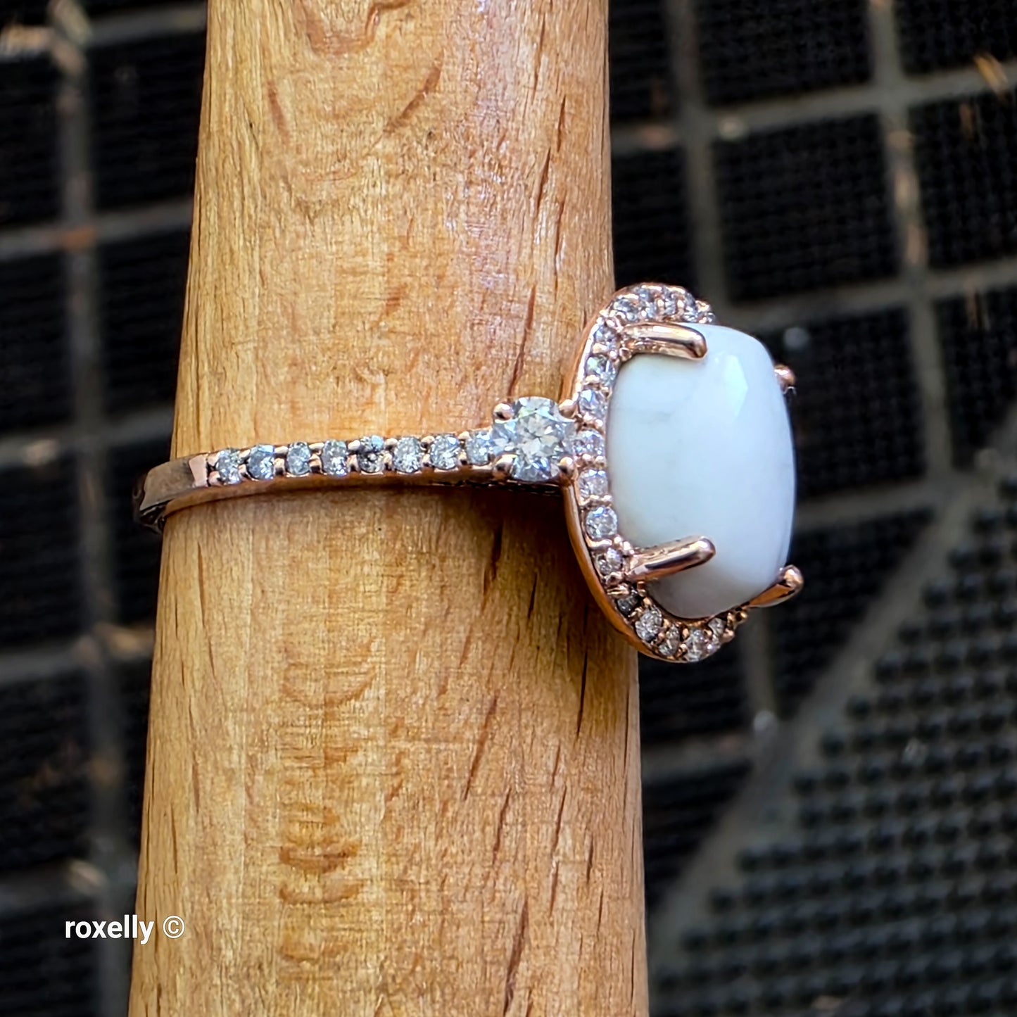 14K Rose Gold White Buffalo Turquoise and Diamond Halo Ring Size 6.25, Solid Gold!