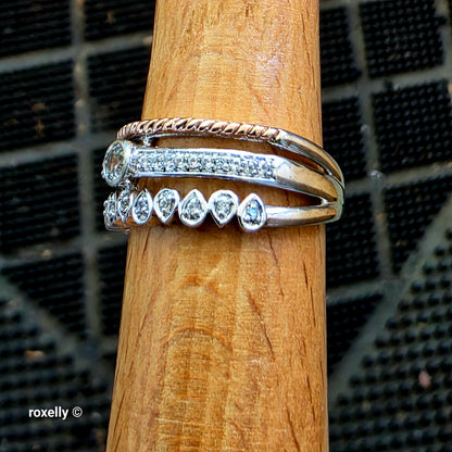 925 Sterling Silver and 10K Rose Gold White Topaz Crown Design Ring Size 6.75!