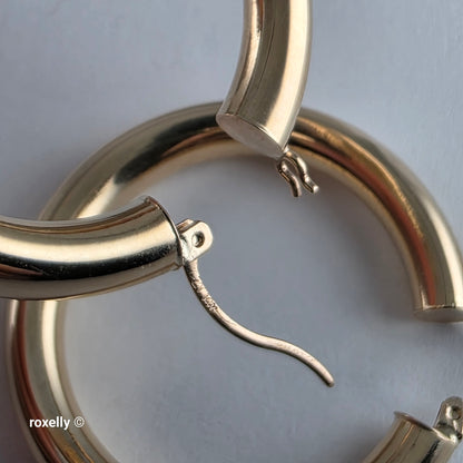 14K Yellow Gold Huge Tubular Hoop Earrings - Solid Gold!