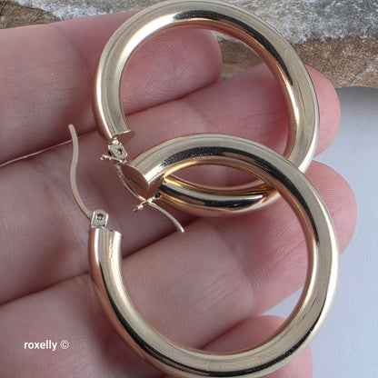 14K Yellow Gold Huge Tubular Hoop Earrings - Solid Gold!