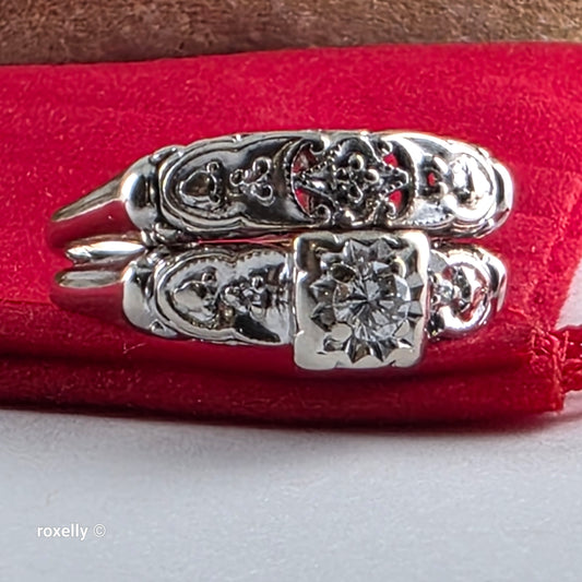 Vintage 14K White Gold Art-Deco Diamonds Two Rings Joined Size 8