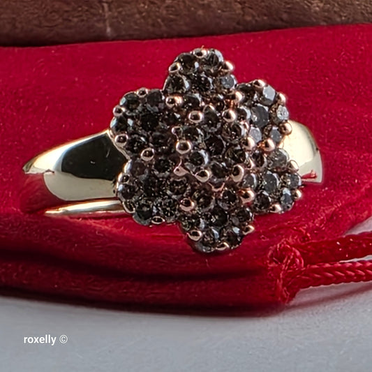 10K Yellow Gold Flower-Shaped Genuine Champagne Diamond Ring Size 8 - Solid Gold!