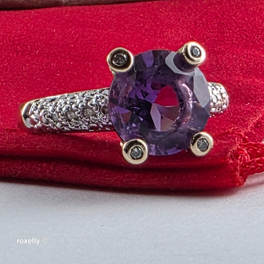 14K Yellow Gold Amethyst and Genuine Diamond Ring Size 8.75 - Solid Gold!