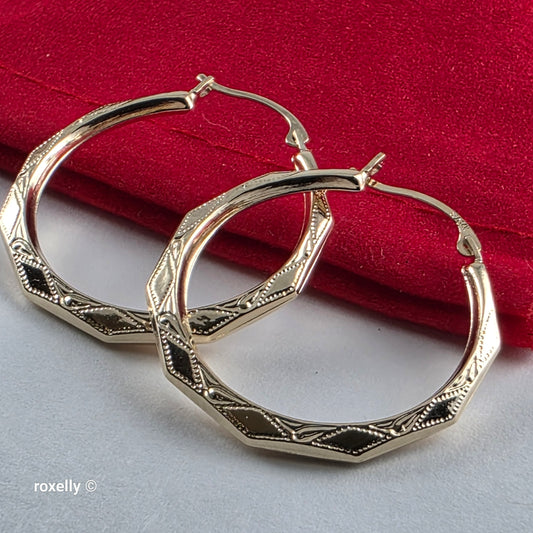 14K Yellow Gold Diamond-Cut Hoop Earrings, Solid Gold!