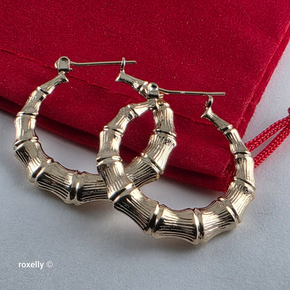14K Yellow Gold Bamboo Hoop Design Earrings - Solid Gold!