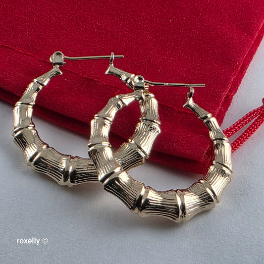 14K Yellow Gold Bamboo Hoop Design Earrings - Solid Gold!