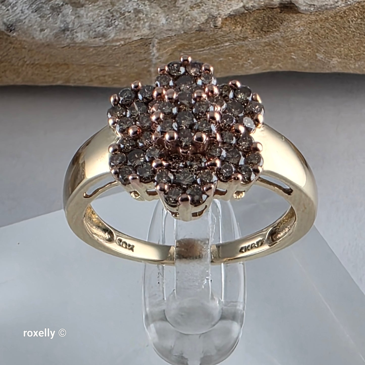 10K Yellow Gold Flower-Shaped Genuine Champagne Diamond Ring Size 8 - Solid Gold!